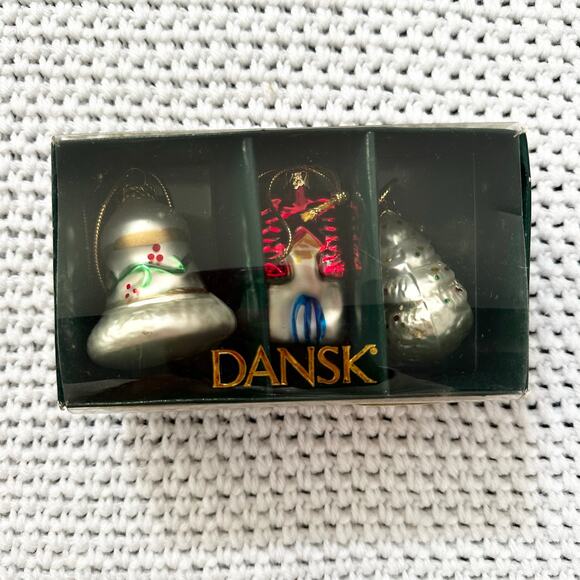 Dansk Vintage 3 Piece Glass Miniature Ornament Set Bell House Tree In Box - Picture 1 of 6